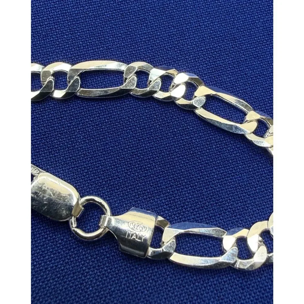 925 Italy Sterling Silver Flat Figaro Link Bracelet 4.1mm 8